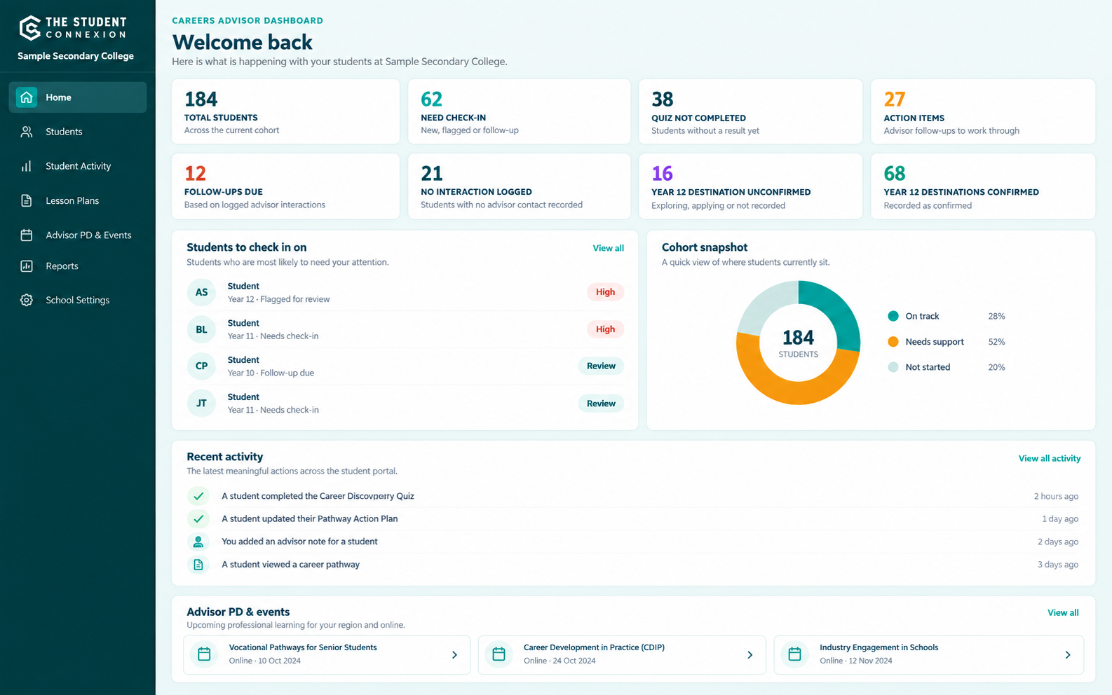 The Student Connexion Advisor Dashboard sample view