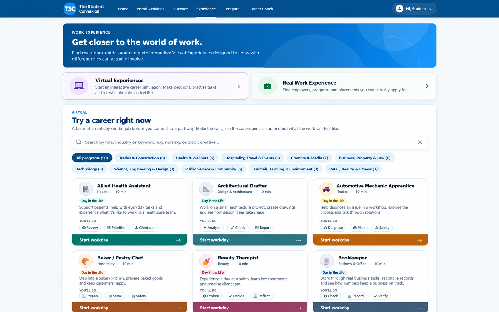 The Student Connexion Virtual Work Experience sample view